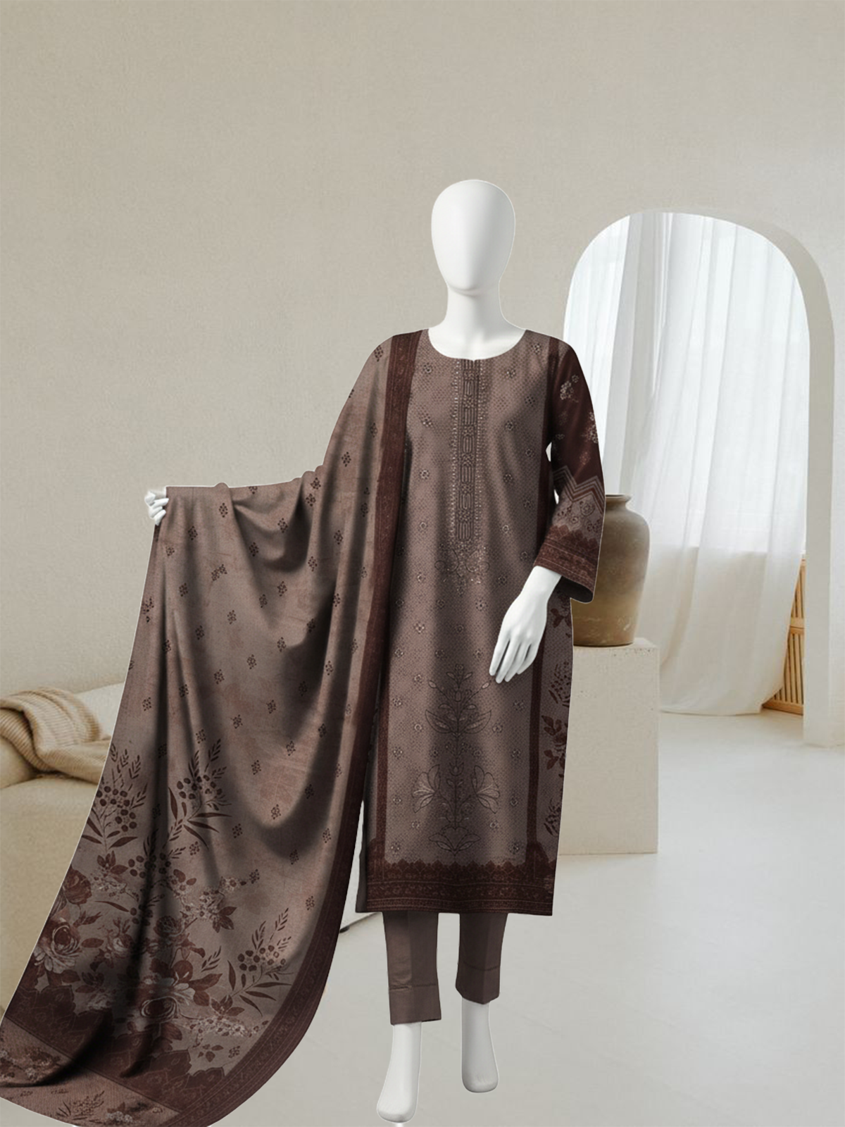 Beige & Maroon Floral Dhanak Suit