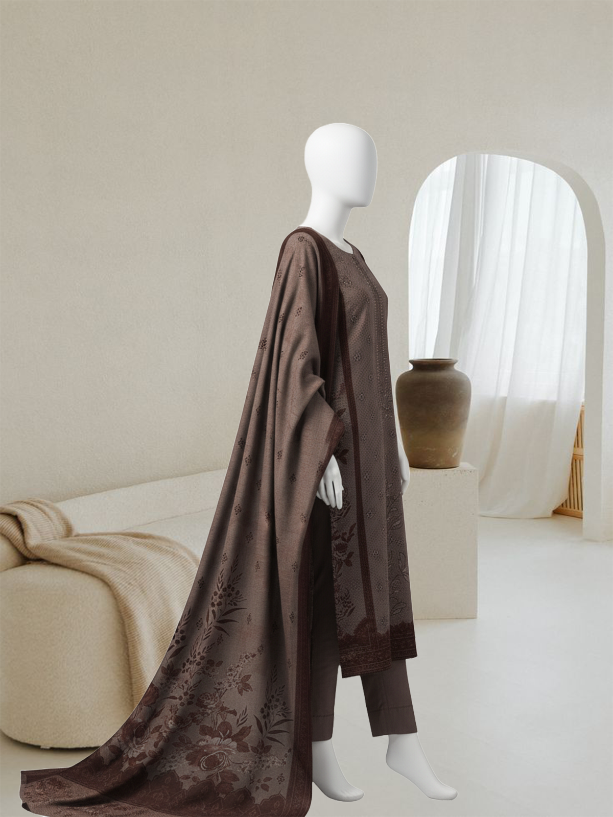 Beige & Maroon Floral Dhanak Suit