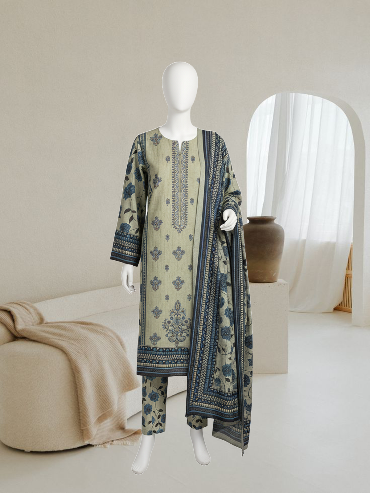 Mint Green Floral Dhanak Suit