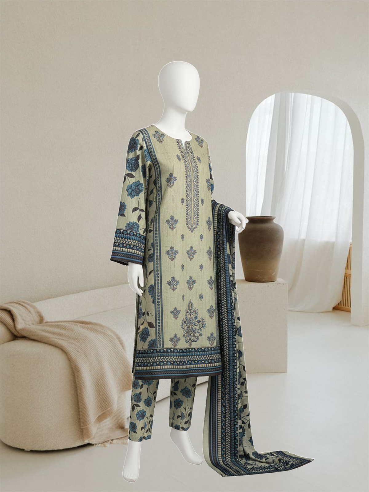 Mint Green Floral Dhanak Suit